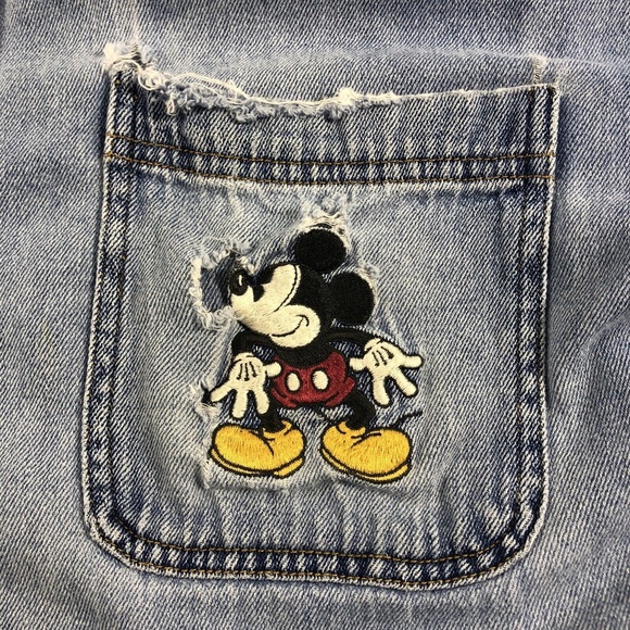 Vintage 90s Disney Store Distressed Embroidered Mickey Mouse Pocket Denim Shirt - Picture 2 of 10